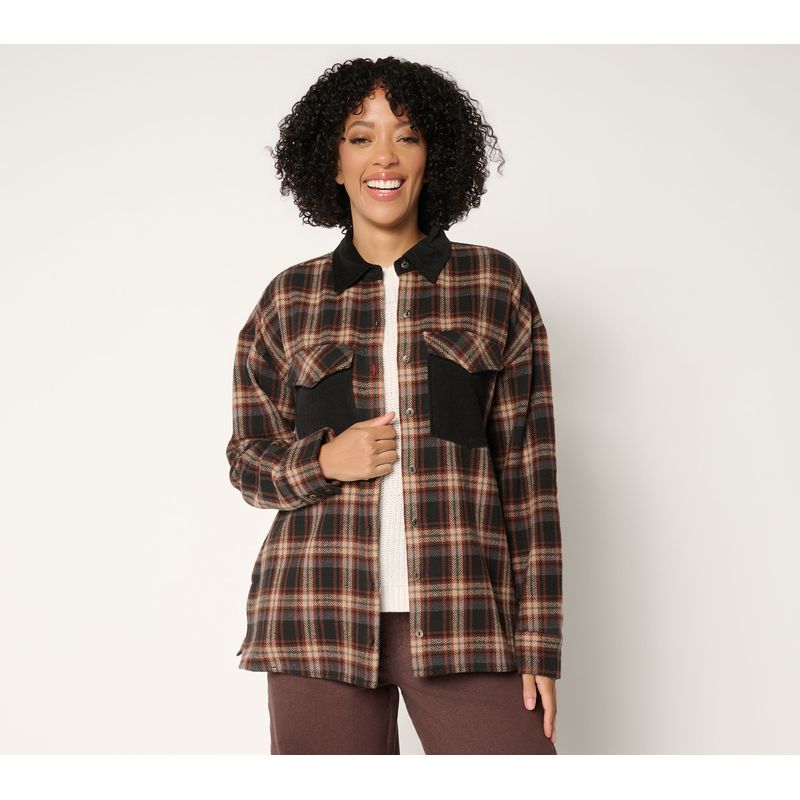 Peace Love World Women's Jacket Sz L Brushed Flannel Plaid W Black A725594